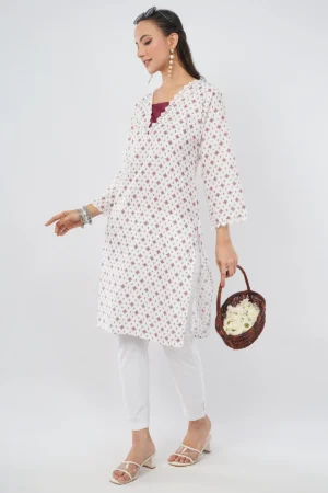IL FILO Women’s White Maroon Cotton Blend Co-Ord Set | Comfortable Daily Wear & Office Wear Outfit
