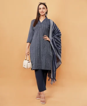 IL FILO Women’s ZigZag Blue Cotton Blend Outfit | Comfortable Daily Wear & Office Wear Dress | Size S to 3XL