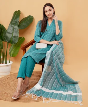 IL FILO Women’s ZigZag Green Cotton Blend Outfit | Comfortable Daily Wear & Office Wear Dress | Size S to 3XL